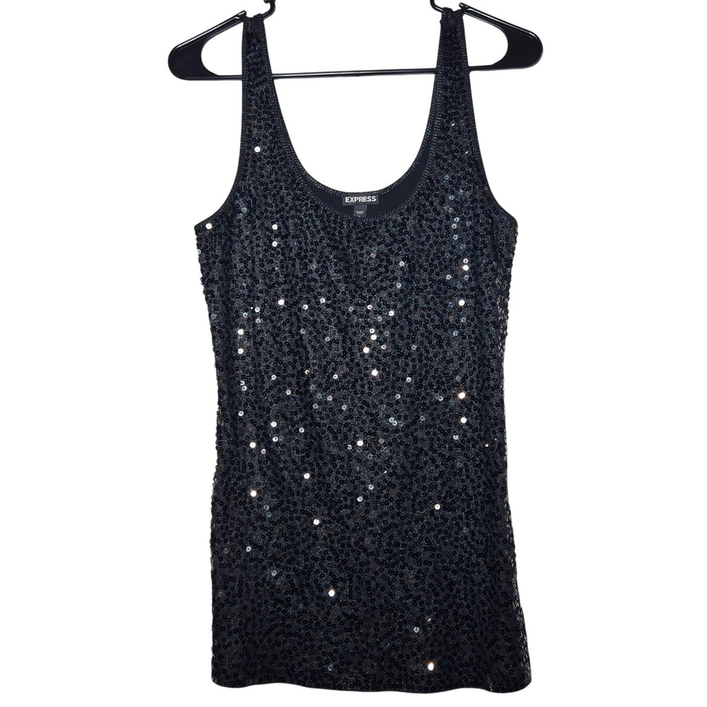 Express Women Black Sequined Tank Top Large Metallic Glam Y2K Goth Party Glitter